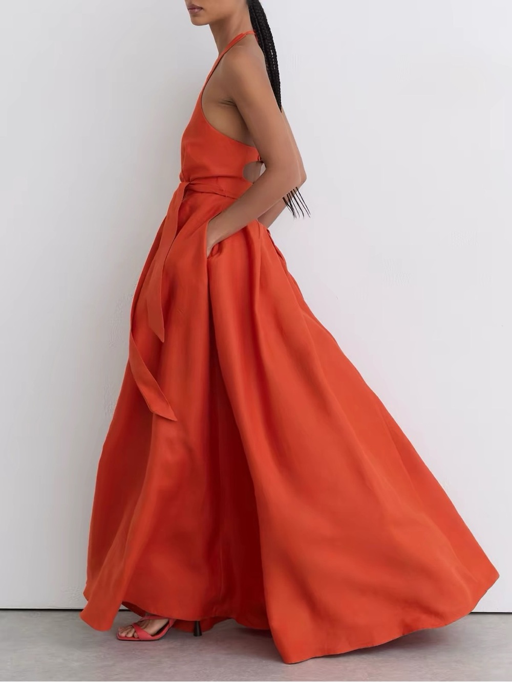 Reiss Coral Orange Paules Linen Open-Back Maxi Dress, US0 2 4 12 - Picture 9 of 11